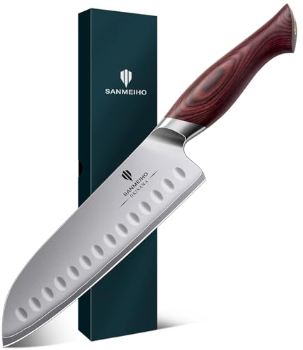 SANMEIHO Coltello da Cucina 18 cm, Coltello Santoku Giapponese in Acciaio ad alto Tenore di Carbonio 10Cr15Mov con Lama Ultra Affilata da 12° e Impugnatura Ergonomica in Pakkawood