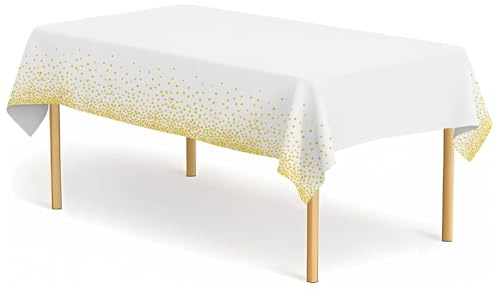 GWEOR 3 Pezzi Tovaglia Usa e Getta, Tovaglie Rettangolare a Pois Bianchi e Dorati per Matrimoni, Natale, Party, Picnic, Compleanno, battesimo(137 x 183 cm)