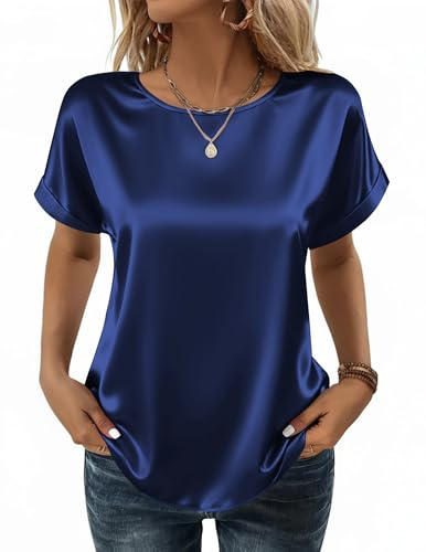 Blusa de Satén Mujer Casual Cuello Redondo Top Manga Corta Suelta Camisa