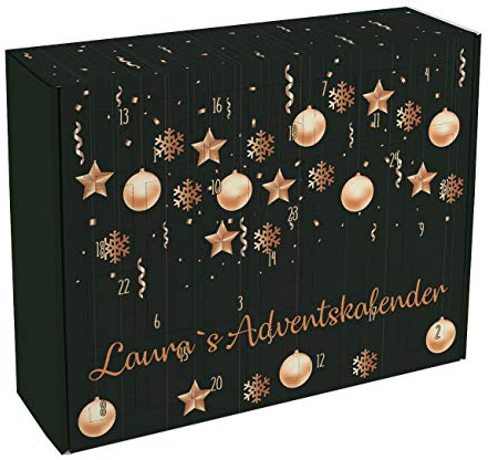 Herz & Heim® Adventskalender zum Befüllen mit Wunschtext bedruckt - Motiv: Christbaumkugeln und Weihnachtssterne