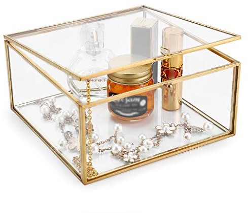 SUMNACON Golden Vintage Glass Lidded Box Square Jewelry Rings Bracelet Display Organizer Home Decor