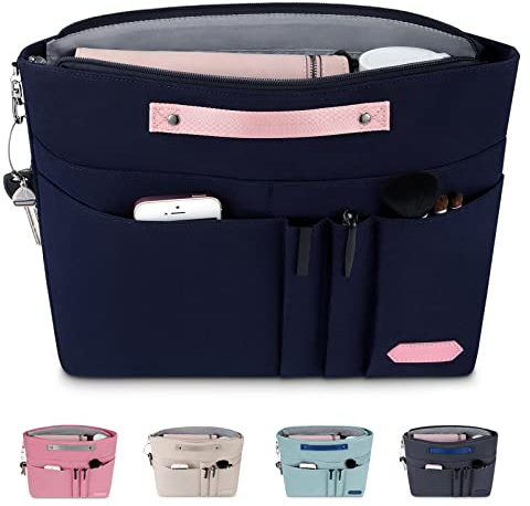 HyFanStr Bag Organizer for Handbags,Tote Bag Organizer Insert Zipper Bag for Women, Handbag Organizer Inside Liner with 15 Pockets, Navy, L