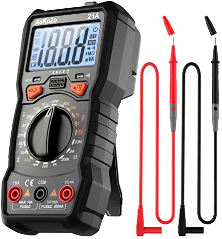 AoKoZo Multimètre Numérique,Voltmètre Multifonctions 2000 Comptes, Testeur Électrique, Ohmmètre, Mesure La Tension CA/CC, Courant CC, Résistance, Continuité, Diode,TRMS,NCV Fonctionnalité