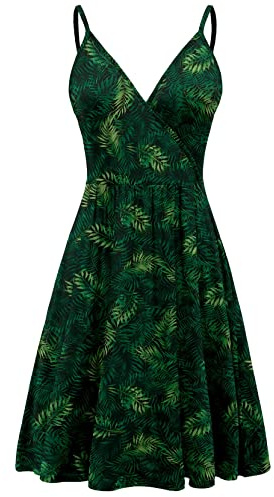 YUNDAI Women's V Neck Floral Spaghetti Strap Summer Dress Sleeveless Casual Swing Midi Sundress with Pocket