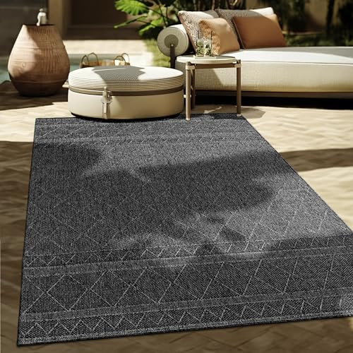 Paco Home Outdoor Teppich Flachgewebe Modern Boho-Style wetterfest & UV-beständig Ideal für Terrasse Balkon Wohnzimmer & Küche, Grösse:240x340 cm, Farbe:Anthrazit 2