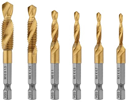 Gunpla 6pcs Tap Drill Bits Set, Durable Titanium Coated HSS Combination Metric Thread Drilling Bits Twisted 1/4” Hex Shank Hand Machine Screw Threading Tapping Tools M3 M4 M5 M6 M8 M10