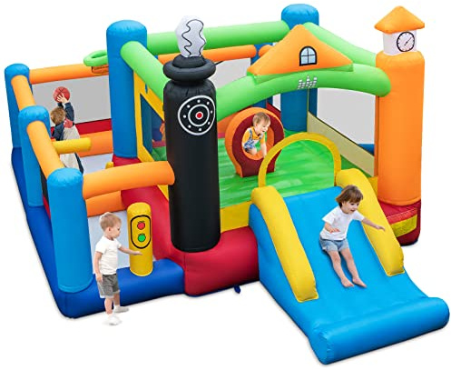 COSTWAY Inflatable Bouncy Castle, Kids Bounce House Trampoline with Slide, Basketball Hoop, Ball Pits, Blow Up Children Jumper for Indoor Outdoor