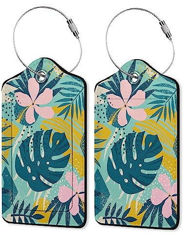Summer Luggage Tag for Suitcase, Boho Hibiscus Flowers Tropical Plants Unique Travel Tags with Privacy Cover ID Label & Stainless Steel Loop for Men Women