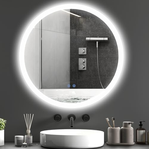 kleankin Specchio Bagno Rotondo con Luce LED Ø70cm, 3 Colori Luce, 3000-6500K, Interruttori Touch, Specchio da Parete Antideflagrante con Luminosità Regolabile, Funzione Memoria, Antiappannamento