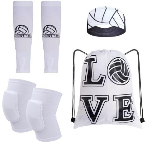 Topbuti 4 Pcs Volleyball Accessories Volleyball Knee Pads Arm Sleeves Protection Headband Drawstring Bag for Women Training (White)