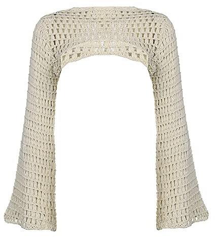 Haut Femme Crochet Cover up- Top Dos Nu Femme Sexy,Tee Shirt Femme Manches Longues Court Col Rond à la Mode Élégant Cardigan Ouvert Y2k Streetwear Transparent Couleur Unie Manche Trompette Pulls
