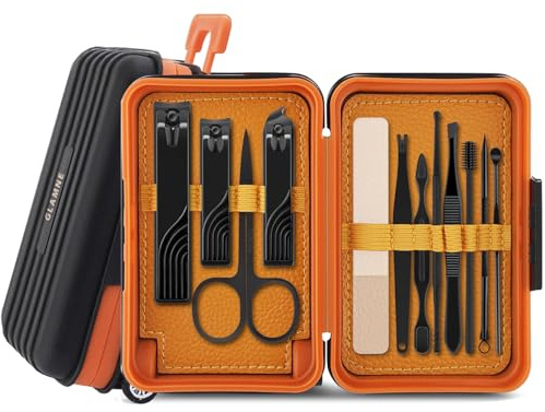 GLAMNE Coupe-ongles pour homme, kit de toilettage 12cs pour homme, outils polyvalents pour manucure, pédicure, outils du visage avec coupe-ongles, ciseaux, pince à épiler avec mini valise (noir)