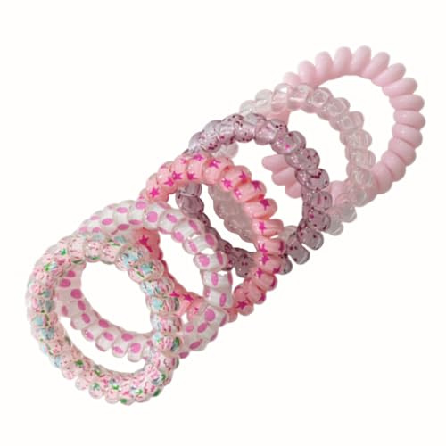 SamHeng 6 Pcs Spiral Hair Ties, Multi-style Traceless Phone Cord Plastic Hair Coil Bands, No Damage Waterproof Ponytail Holder Hair Bands for Women Girls Hair Bobbles Hair Accessories (Pink Series)