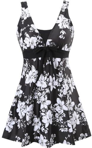 Sixyotie Womens One Piece Swimsuit Tummy Control Swimwear Floral Printed Swimming Costume with Skirts (M,Whiteflower)