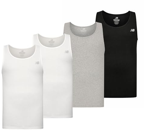 New Balance Men's Cotton Performance Rib Tank Top Vest (Pack of 4), White/White/Light Heather Grey/Black, Medium