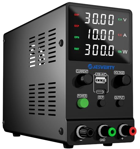 Fuente de alimentación CC Variable, 0-30V 0-10A Fuente de alimentación de Banco regulada CC con Carga rápida USB y Tipo C, Perilla codificadora,Interruptor de Encendido/Apagado de Salida Jesverty