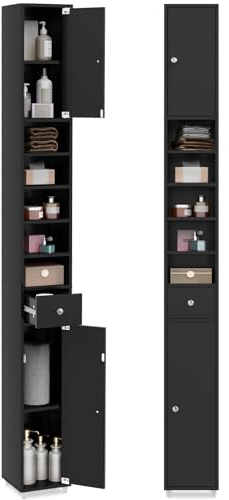 COSTWAY Badschrank Hochschrank schmal, Badezimmerschrank mit 2 Türen, 1 Schublade und verstellbaren Regalen, platzsparender Badregal für Badezimmer, Wohnzimmer, Küche, 20 x 20 x 180 cm (Schwarz)