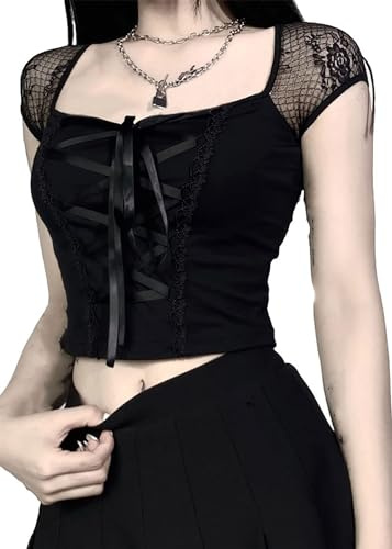 YINGWIN Gotiska kläder dam rutig urringning kortärmad crop toppar damer goth clothes