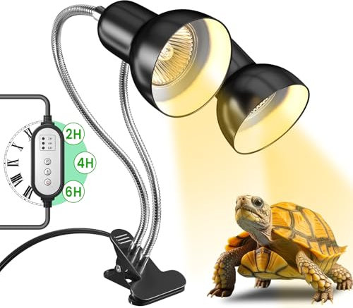 GlowUp Tortoise Heat Lamp,Dual-Head Reptile Heat Lamp with Cycle Timer,360° Rotatable Reptile Heat Lamp Holder,Heat Lamp with Clamp for Lizard,Chick,Bearded Dragon-No Bulb