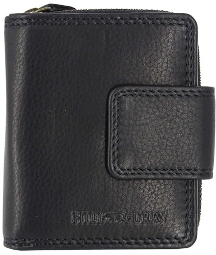 Hill Burry Damen-Geldbörse | Frauen-Portemonnaie echtes Leder Waschleder | Kleine sichere RFID Damengeldbörse | Geldbeutel viele Kredit-Karten-Fächer | Slim-Wallet Münzenfach (Schwarz ohne Muster)