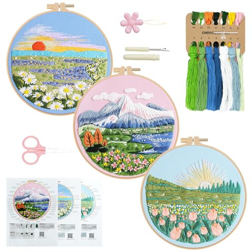 RidaaFri Embroidery Starter Kit for Beginners Set of 3, Hand Stamped Cross Stitch Kits for Starter and Adults with Cute Flowers and Plants Patterns Fabric, Hoop, Needle and Threads