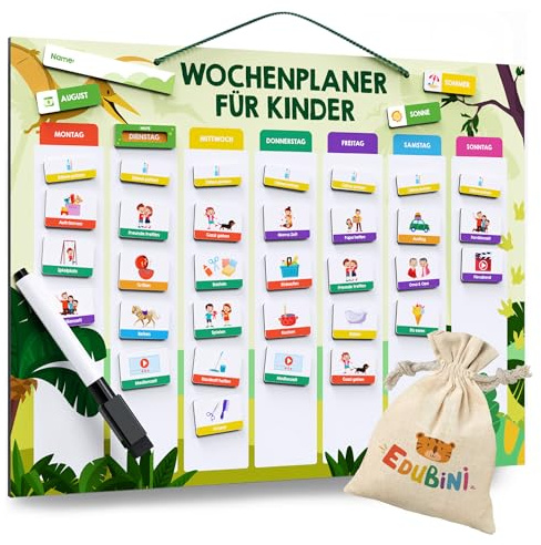 Edubini veckoplanerare barn – [223 magneter + 150 klistermärken] – rutinplanerare barn för struktur i vardagen – Montessori magnettavla, dagsplanerare, arbetstavla, belöningstavla – (inklusive väska