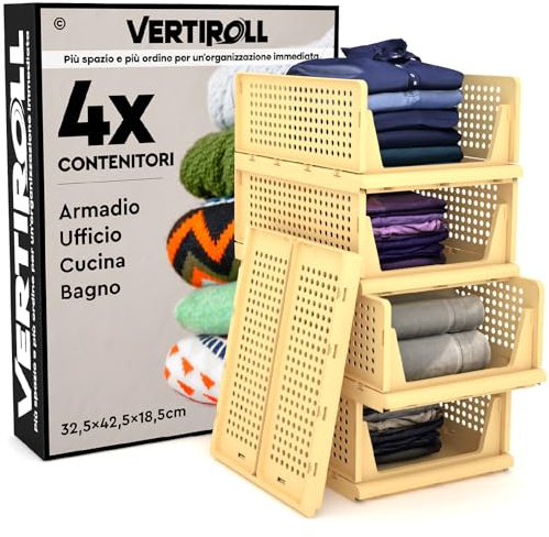 4 Cajones Deslizantes Apilables Organizador Ropa Armario VertiRoll - Contenedores Ahorrador de Espacio de Plástico Color Amarillo Hogar Cocina Baño Oficina Fácil de Montar - Cajones 32,5x42,5x18,5cm
