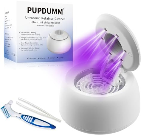 PUPDUMM Ultraschallreinigungsgerät – 45kHz Ultraschallreiniger 200ML Dental Pod, Ultrasonic Cleaner für Zahnschiene, Retainer, Aligner, Prothesen, Schmuck, Zahnersatz mit digitalem Timer