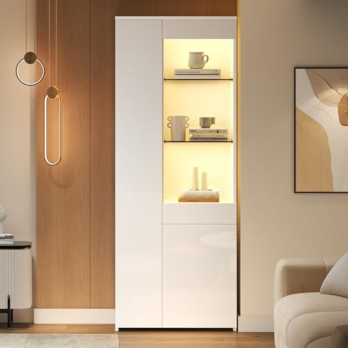 NADEUSAK Vetrinetta 70 x 180 cm, bianco con cassetti, vetrina in vetro, mobile alto, credenza con armadio, vetrina a terra, ripiano divisorio