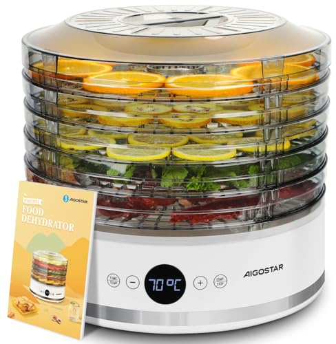 Aigostar Deshidratador de Alimentos, Pantalla LED, 5 Bandejas sin BPA, Deshidratador con Modo FAN y Temperatura Ajustable 35-70°C, Temporizador de 48H, Silencioso, 380W, Libro de Recetas Incluido