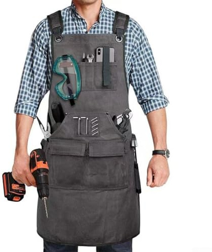 Tablier de travail pour soudure – Tablier de protection en toile robuste avec plusieurs poches, sangle croisée réglable dans le dos, convient aux tailles XS à XL (pièce)