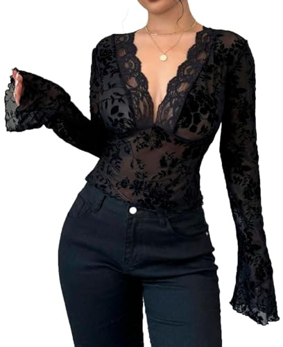 Haut Femme Chic et Elegant Dentelle Transparent Col V Profond Manche Longue Chemisier Femme Haut Moulant Sexy Bodysuit Top Femme Clubwear Soirée B_Noir, M