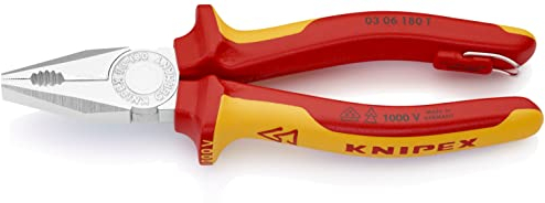 Knipex Alicate universal cromado, Aislado con fundas multicomponente, homologado por VDE; con anilla de fijación aislada e integrada para colocar una protección anticaída 180 mm 03 06 180 T