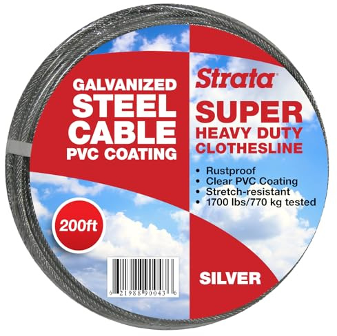 Strata 200 Feet Clothesline Outdoor Heavy Duty Galvanized Wire Steel Cable, Silver PVC Coating - Clothes Line Wires for Outside Laundry Drying