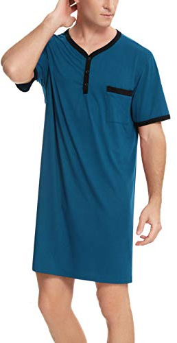 Enjoyoself Pijama de algodón para Hombre, Suave, Transpirable, Longitud hasta la Rodilla, Camisa de Noche de Manga Corta, Ropa de Dormir para Descansar, Tipo1-azul, L