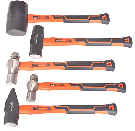 5-Piece Hammer Set, 16oz Ball Pain Hammer | 32oz Ball Pain Hammer | 32oz Rubber Mallet | 3lb Sledge Hammer | 3lbCross Pain Hammer