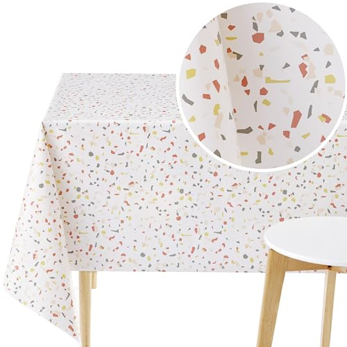 KP HOME Mantel Hule Mesa Rectangular Blanco 250 x 140 cm, Impermeable Mantel Antimanchas Lavable con un Paño - Diseño de Terrazo Multicolor sobre Fondo Ligera Crema para Uso en Cocina y Jardín