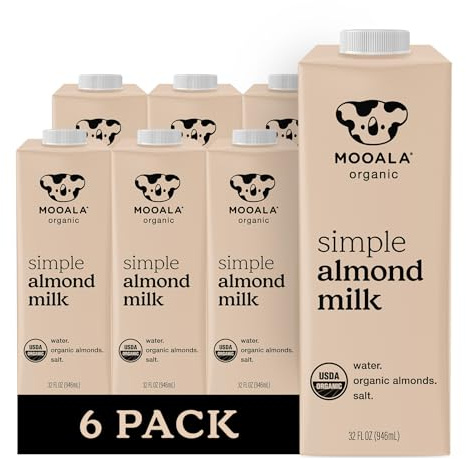 Mooala Organic Simple Almond Milk, 32oz - 3 Ingredient, Shelf Stable, No Gums, No Oils, No Fillers, Unsweetened, Non-GMO, No Additives, Dairy Free Plant Based Milk, 6 pack