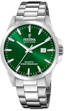 Festina Swiss Made Montre Homme Analogique Acier 316L Argenté - Quartz Date - Verre Saphir Résistant - Étanche 10 ATM - F20024/6 Classic Steel