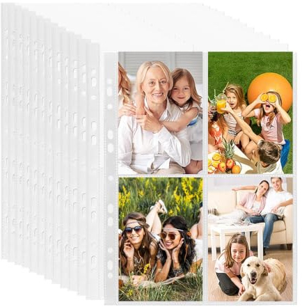 HIQE-FL 60 st transparenta vykortsfodral, transparenta vykortsfickor, 4 fack, 480 dubbelsidiga fotofodral, fotofodral DIN A4 Veloflex, små genomskinliga folier, fotofodral DIN A4 (10,7 cm x 15,2 cm)