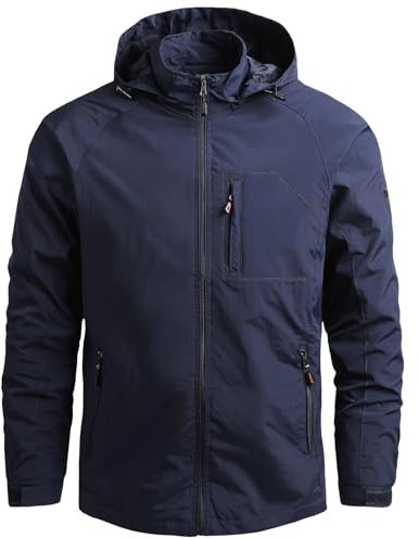 Aotoyou Blousons Homme Coupe-Vent à Capuche Imperméable Veste de Pluie Vestes de Randonnée Softshell Bleu Marine L