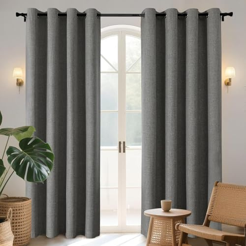 Joydeco 100% Blackout Lined Curtains Bedroom 94 Inch Drop, Faux Linen Textured Thermal Insulated Eyelet Curtains with Coating Back Layer for Living Room W55 x L94, Grey - 2 Panels