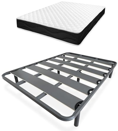 amuéblate online - Cama Completa con Colchón Venus Reversible + 2 Almohadas + Somier de Láminas Reforzado con 6 Patas Cilíndricas Metálicas Roscadas, 150 x 190