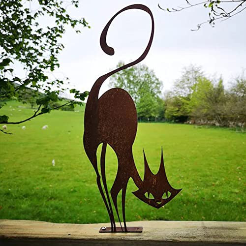 Raopuzi Décoration de Jardin Exterieur Métal Rouillé Chat, Rust Effect Metal Fence Decoration, Sculpture Chat en Fer Rouille pour Jardin et Clôture Statuettes d'animaux Mignonnes (M)