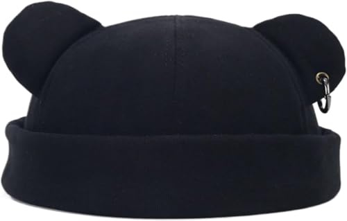 Bonnet d'automne et d'hiver pour femme et homme – Casquette docker avec oreilles d'ours avec anneau en fer – Unisexe Hip Hop Street Fashion – Casquette de crâne sans bord chaud et épais – Chapeau de