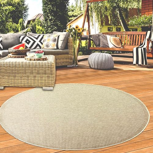 Teppich-Traum Teppich Wohnzimmer Outdoor Garten Balkon Terrasse wetterfest strapazierfähig farbecht mit originellem unifabenen Muster in beige, 120 cm Rund