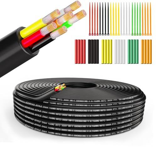 Wirelume 16AWG 6x1.5 mm² Fil électrique 6 conducteurs 5V/12V/24V Câble d'alimentation PVC toronné 10FT/3M Câble en cuivre étamé basse tension Gaine ronde Câble mince