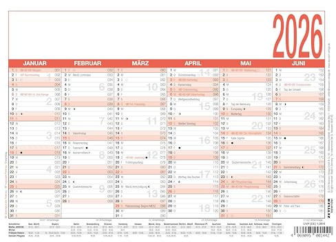 Zettler Arbeitstagekalender A5 2026 – Bürokalender 21 × 15 cm, 6 Monate pro Seite, Arbeitstage-, Tages- & Wochenzähler, Ferienübersicht, Feiertage, Mondphasen, kompakter Wandkalender, FSC Karton