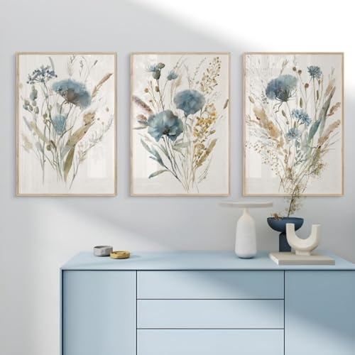 champracer Cuadros Salón Juego de 3 Cuadros Rústicos Flores Murales Acuarela Flores Lienzo Cuadros Azules Acuarela Flores Silvestres Póster Salón Dormitorio Decoración Sin Marco (50 x 70 cm)
