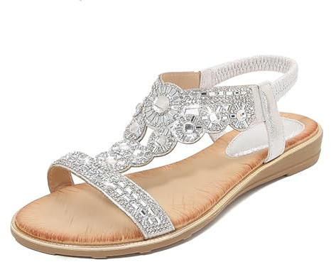 Sandales Femme Été Plates Sandales Strass Bohème Sandales Confortable | Sandales Habillées Nu-Pieds Antidérapantes Sandales Compensées Mode Pailletées Sandales de Mariage Bride Arrière Élastique